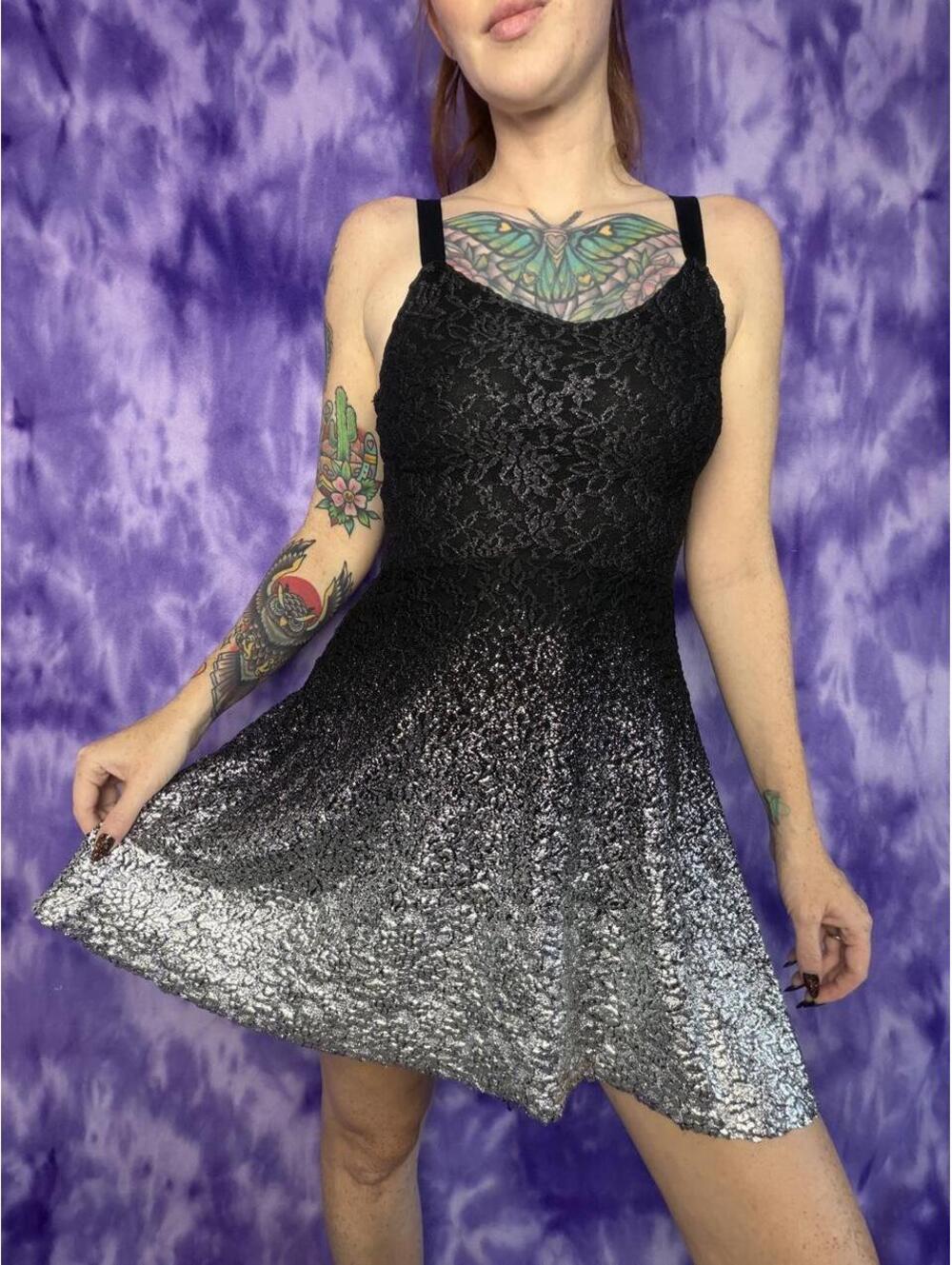 Free people Black lace dress with silver metallic gradient hem